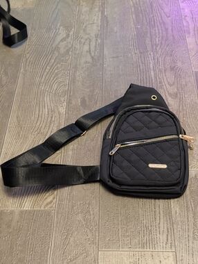 Quilted Black Sling Bag with Gold Accents by